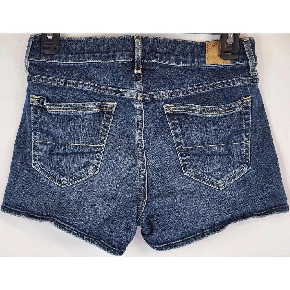 American Eagle Jean Shorts Womens Size 2 Blue Denim Stretch Embroidered Pockets - Picture 2 of 12